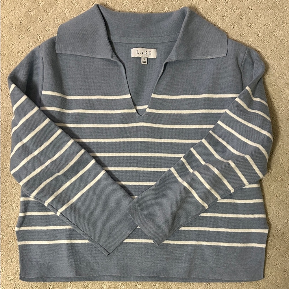 LAKE Women's Light Blue & White Striped V-Neck Sweater